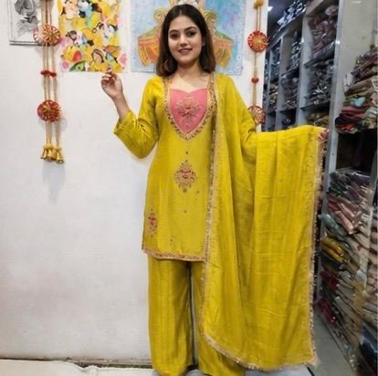 🌸 Mustard Yellow Embroidered 3-Piece Punjabi Suit Set with Pink Neckline