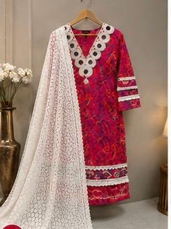  🌺 Pink Printed Embroidered 3-Piece Suit Set with White Printed Dupatta